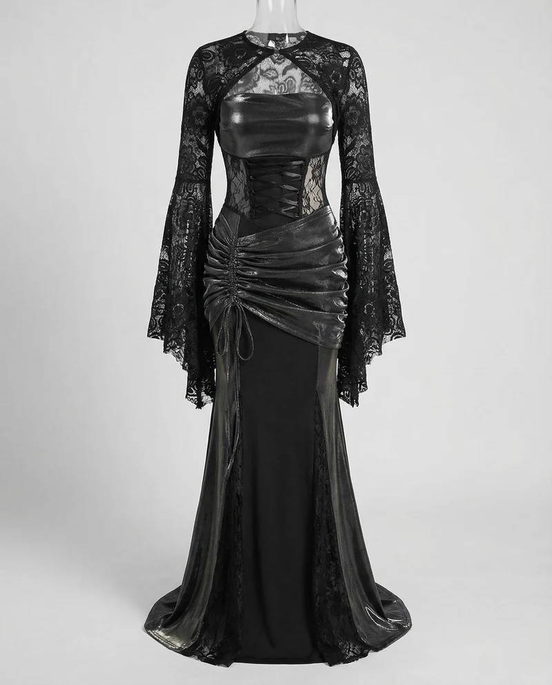 Damen Gothic-Abendkleid mit Spitzen-Einsätzen
