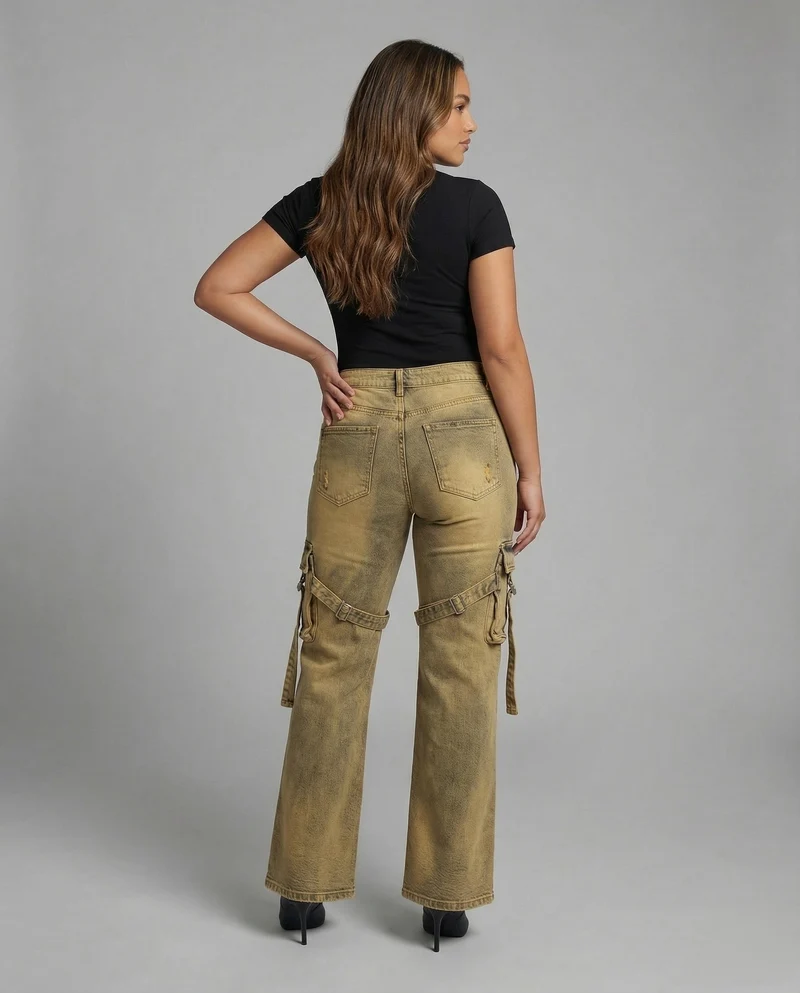 Damen Schlagjeans Cargo-Taschen Schnallen-Details