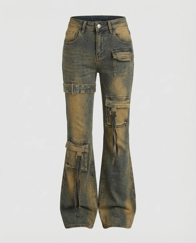 Damen Schlagjeans Cargo-Taschen Schnallen-Details