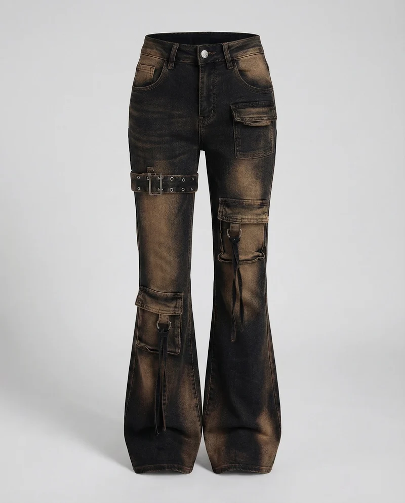 Damen Schlagjeans Cargo-Taschen Schnallen-Details