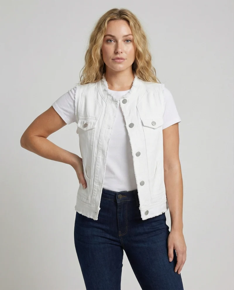 Damen Denim Weste Ärmellos Raw Edge Taschen