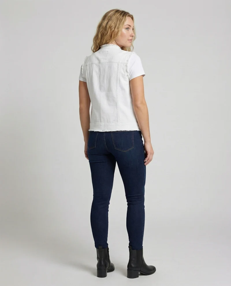 Damen Denim Weste Ärmellos Raw Edge Taschen