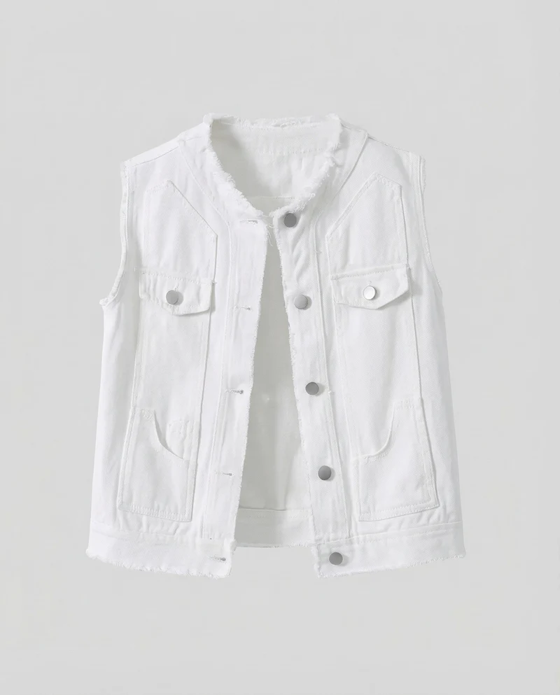 Damen Denim Weste Ärmellos Raw Edge Taschen