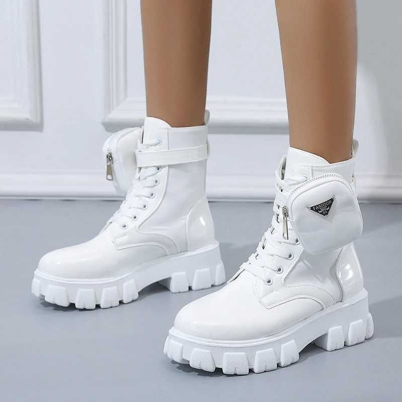 Damen nan Schnürhalbschaft-Boot im Utility-Style mit abnehmbarem Mini-Täschchen und Plateau-Profilsohle Nord Taschen