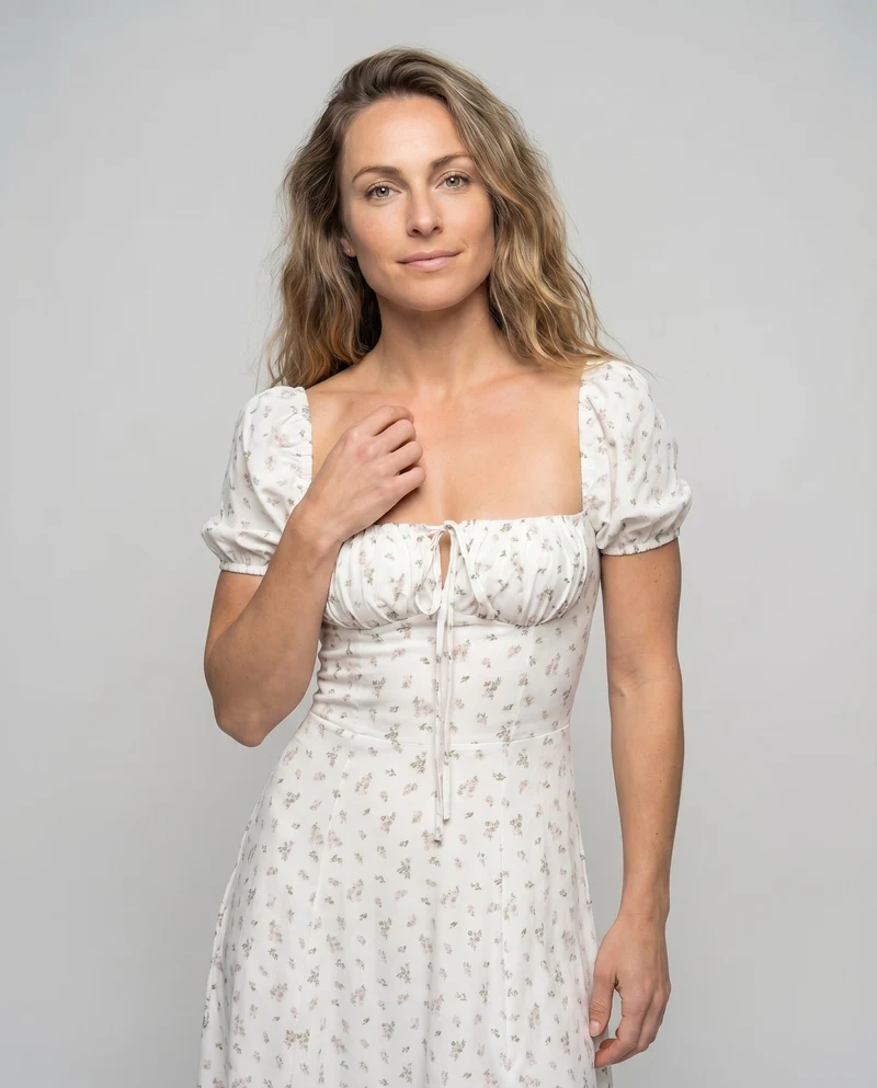 Damen Midaxi-Kleid Miederoptik Puffärmel Frontschlitz Quadrat-Ausschnitt
