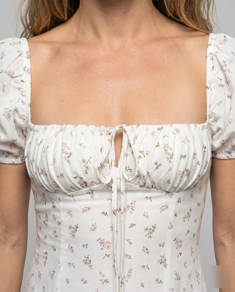 Damen Midaxi-Kleid Miederoptik Puffärmel Frontschlitz Quadrat-Ausschnitt