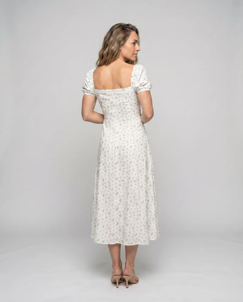 Damen Midaxi-Kleid Miederoptik Puffärmel Frontschlitz Quadrat-Ausschnitt
