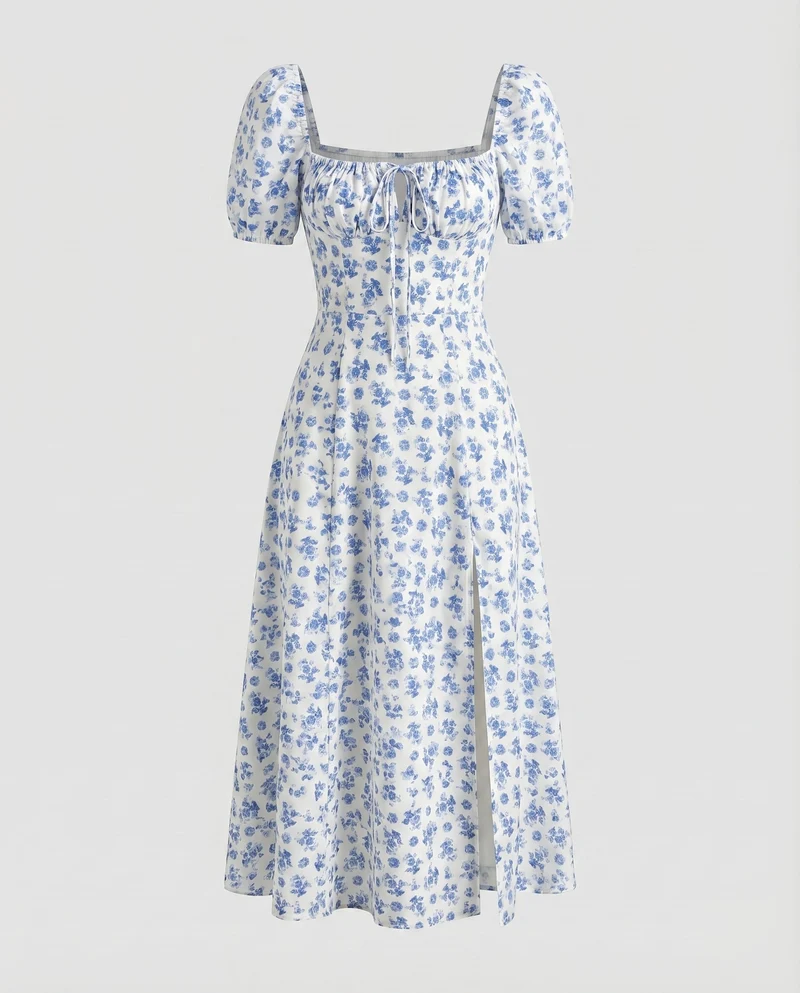 Damen Midaxi-Kleid Miederoptik Puffärmel Frontschlitz Quadrat-Ausschnitt