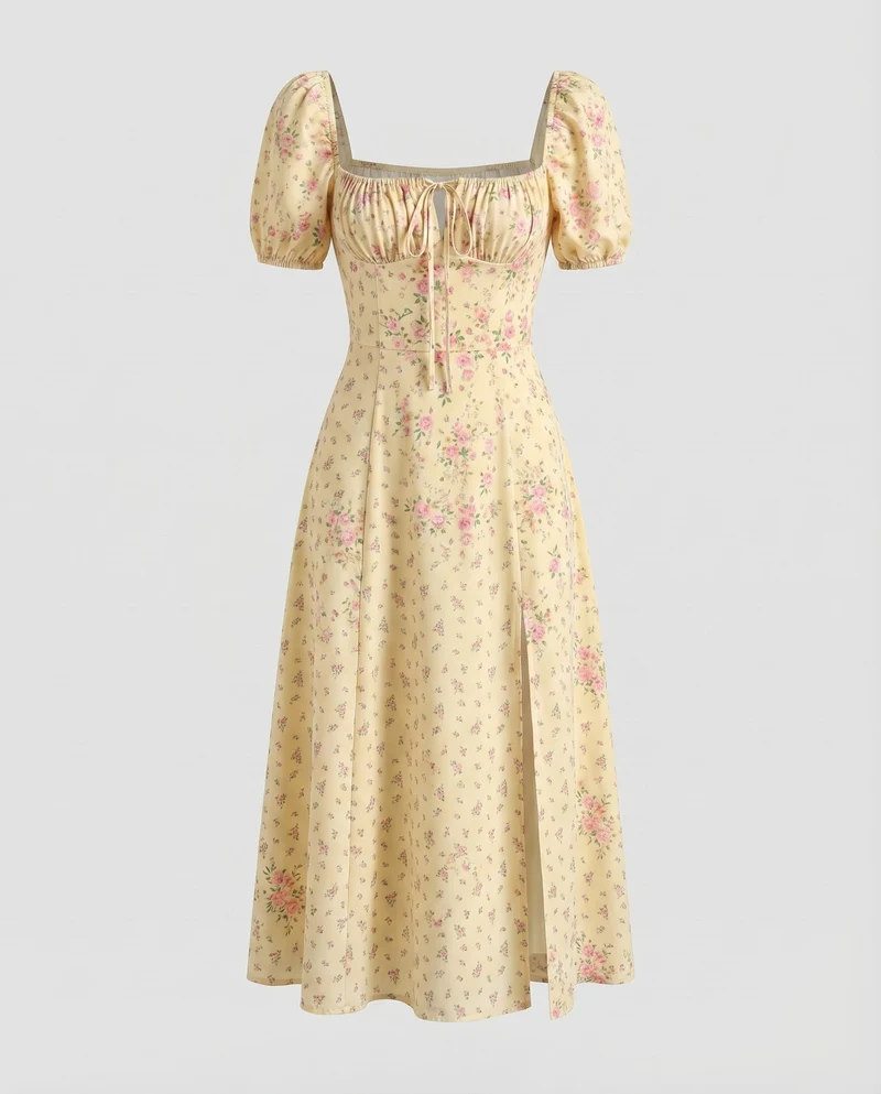 Damen Midaxi-Kleid Miederoptik Puffärmel Frontschlitz Quadrat-Ausschnitt