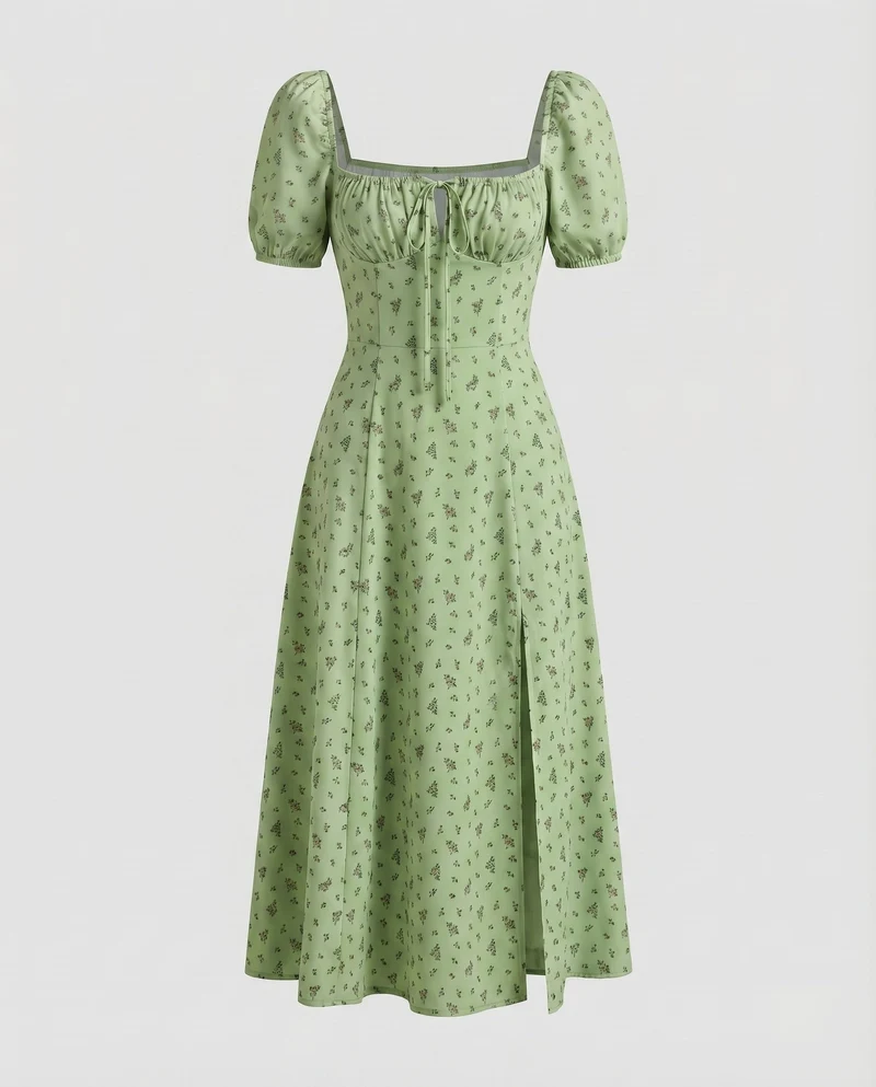Damen Midaxi-Kleid Miederoptik Puffärmel Frontschlitz Quadrat-Ausschnitt
