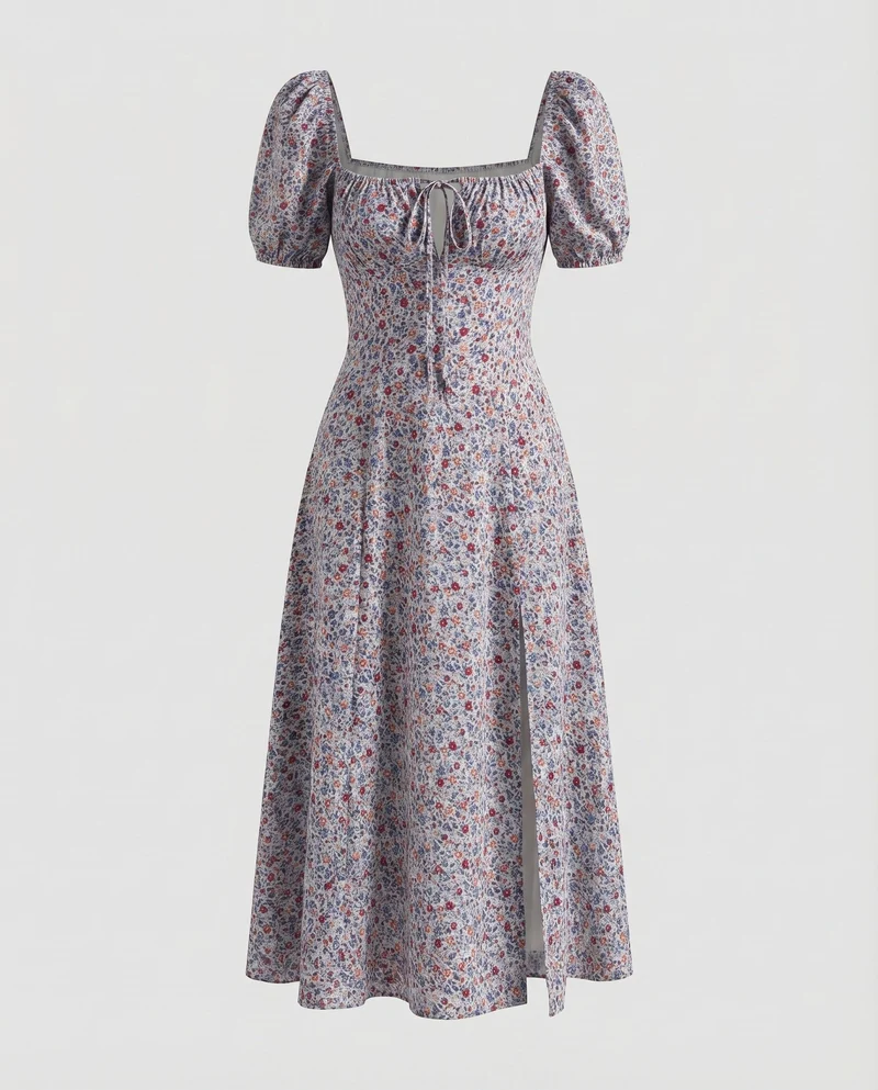Damen Midaxi-Kleid Miederoptik Puffärmel Frontschlitz Quadrat-Ausschnitt