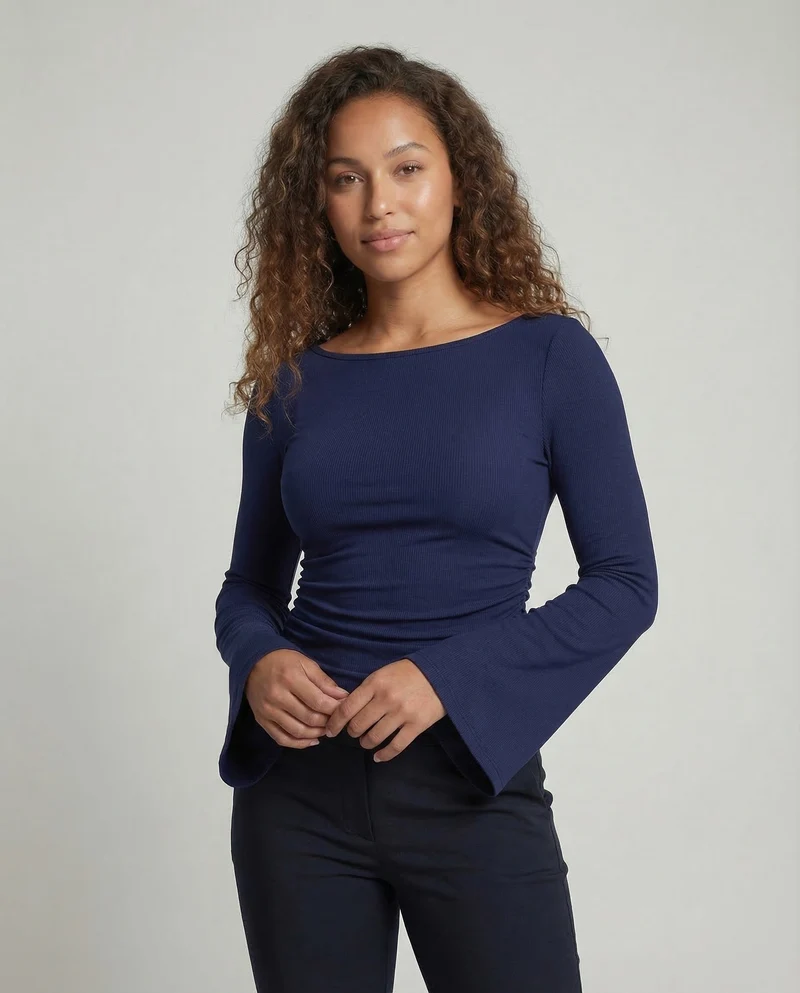 Damen Geripptes Crop-Top Glockenärmel