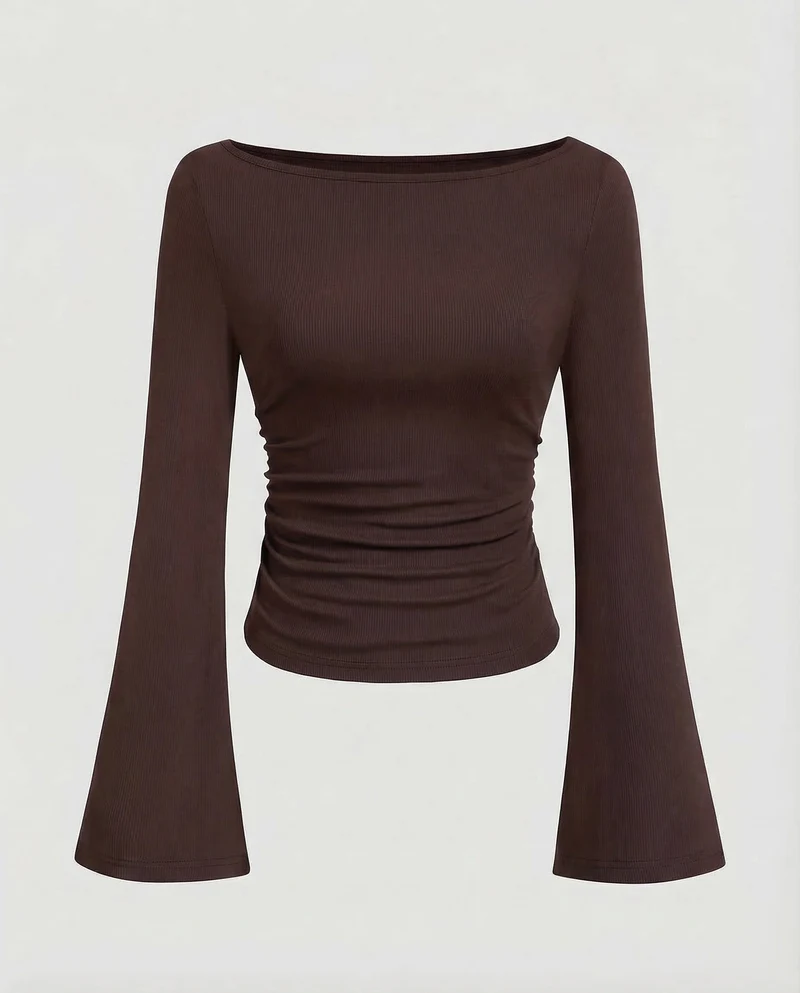 Damen Geripptes Crop-Top Glockenärmel
