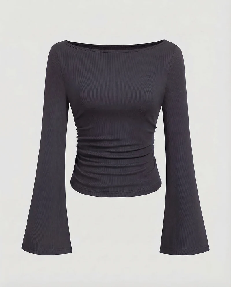 Damen Geripptes Crop-Top Glockenärmel