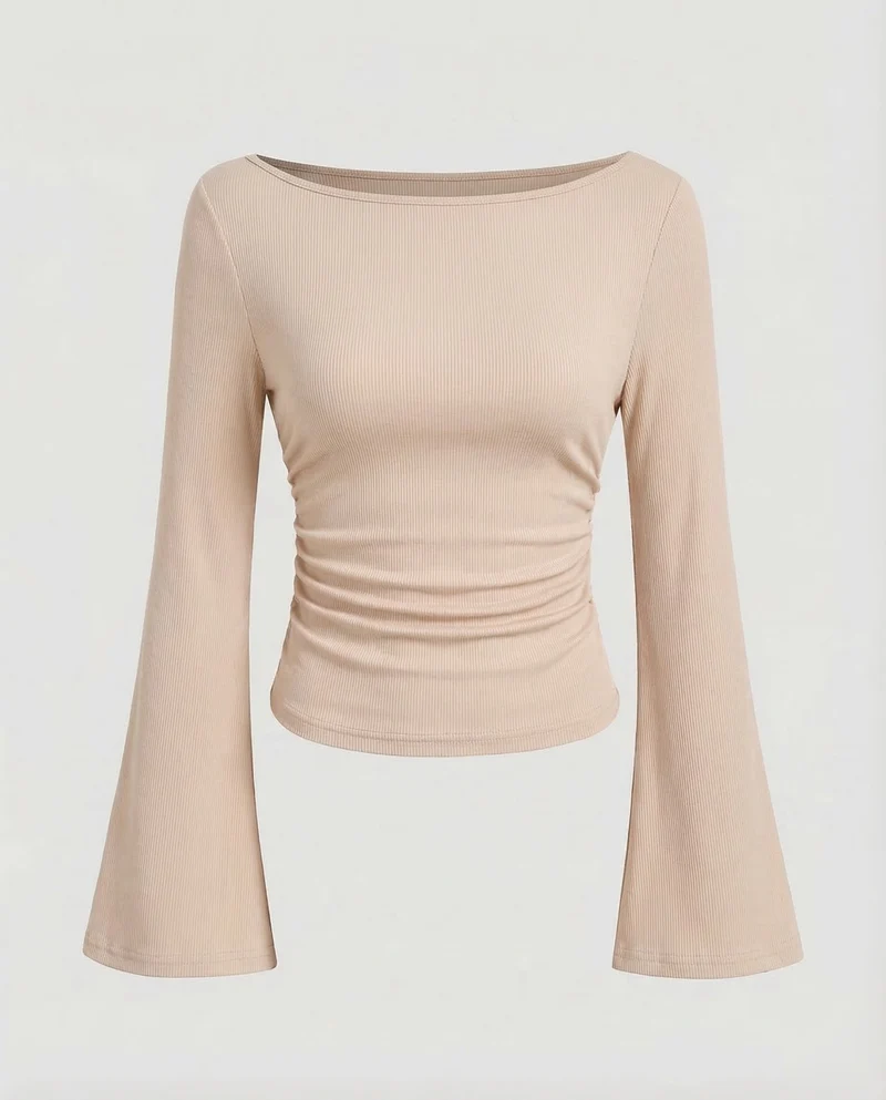 Damen Geripptes Crop-Top Glockenärmel