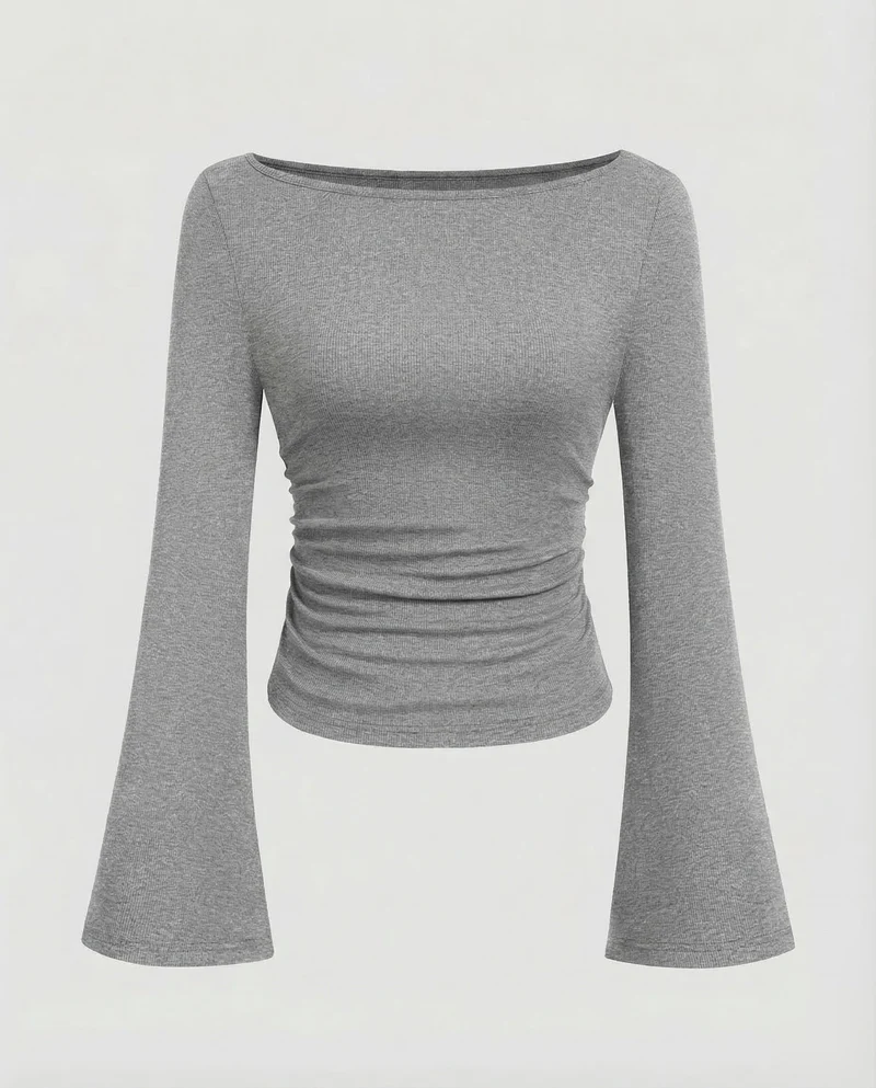 Damen Geripptes Crop-Top Glockenärmel
