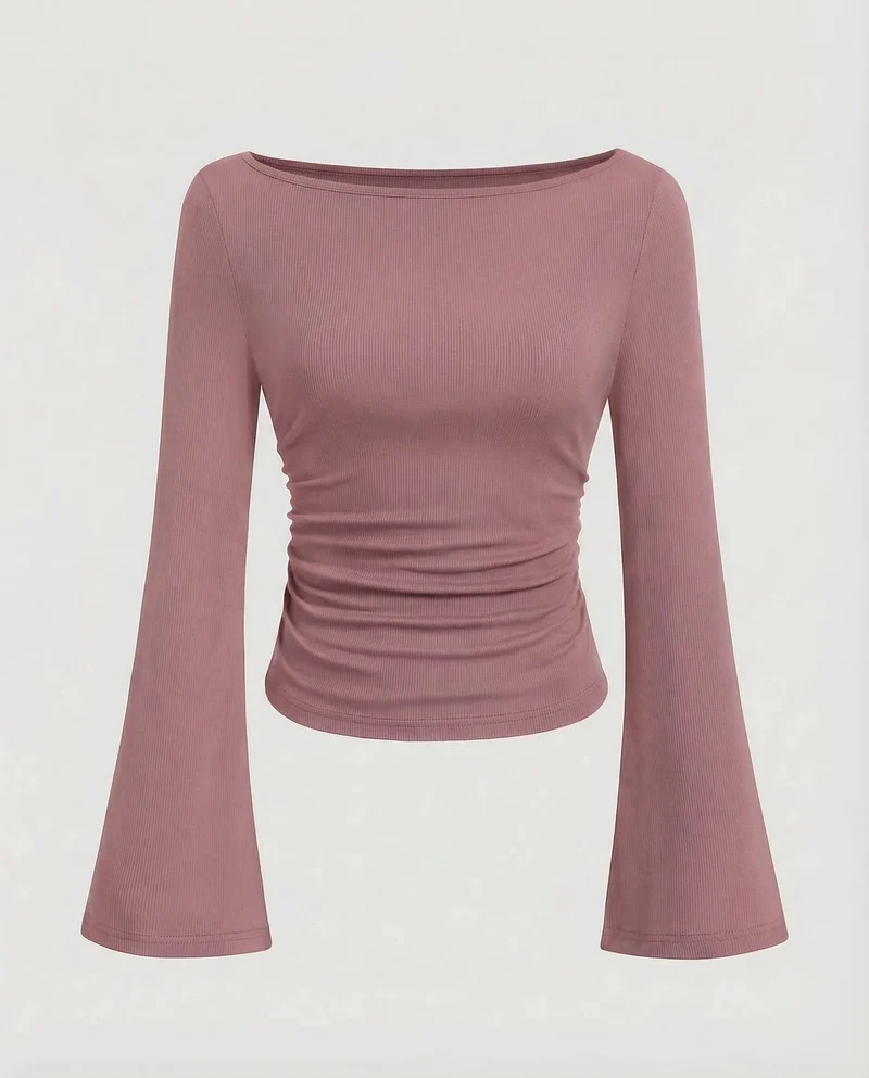 Damen Geripptes Crop-Top Glockenärmel