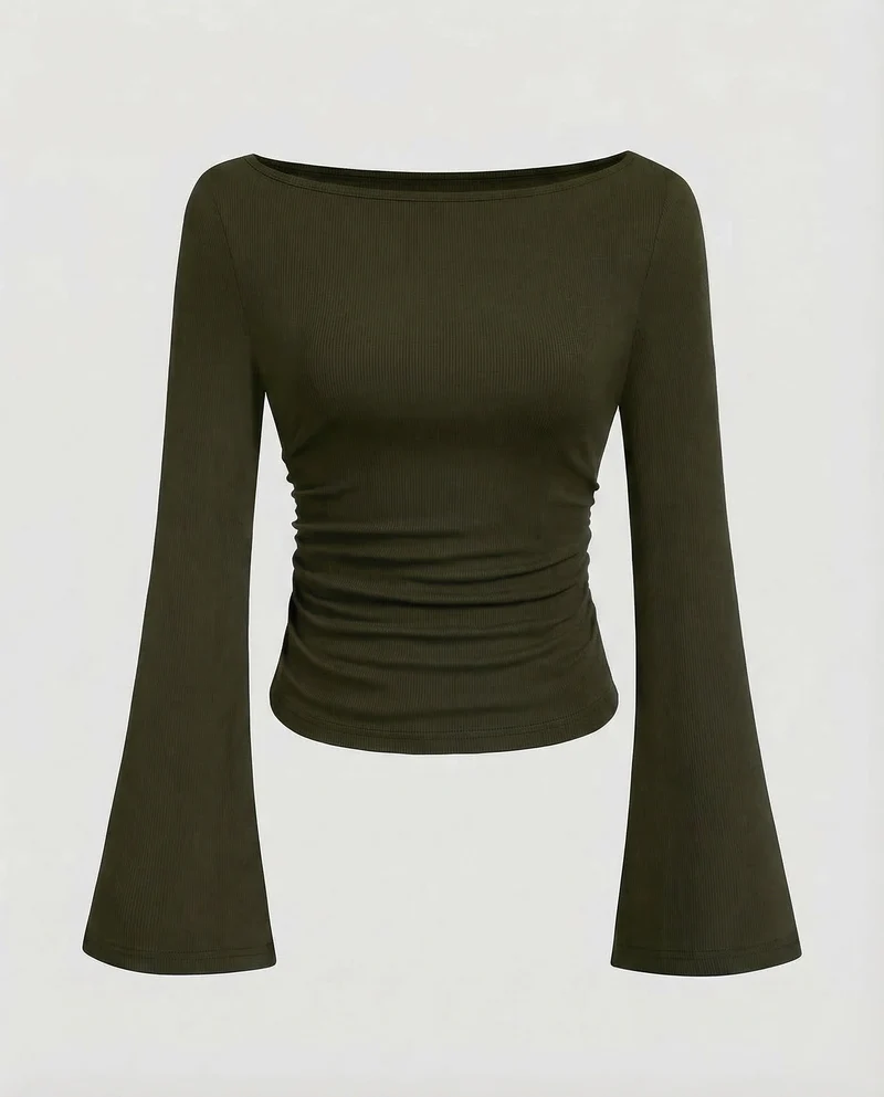 Damen Geripptes Crop-Top Glockenärmel