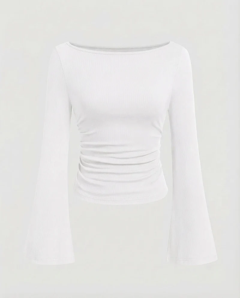 Damen Geripptes Crop-Top Glockenärmel