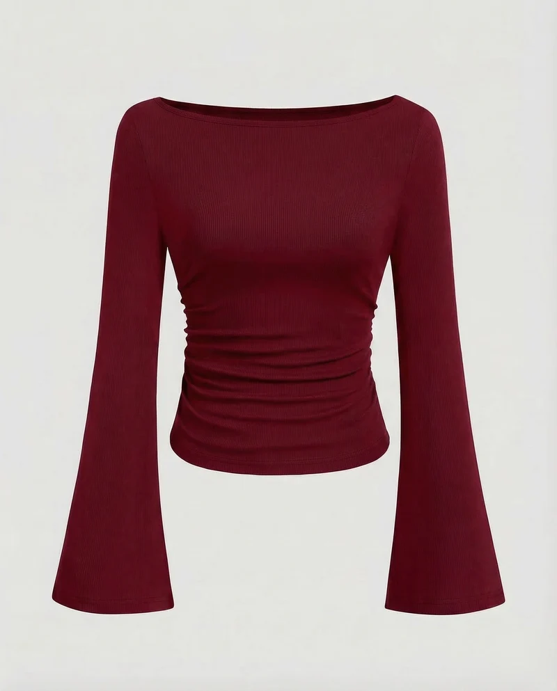Damen Geripptes Crop-Top Glockenärmel