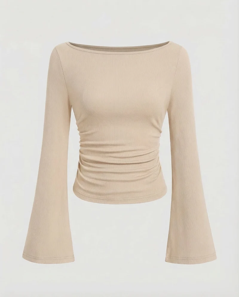 Damen Geripptes Crop-Top Glockenärmel