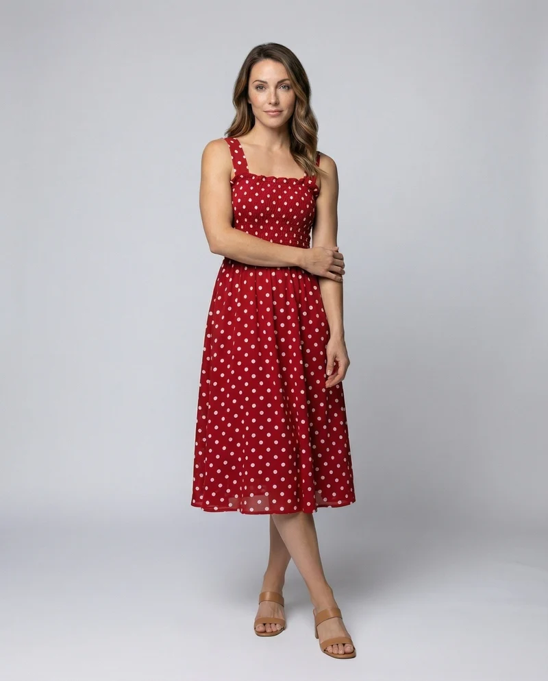 Damen Gepunktetes Gesmoktes A-Linien Midikleid