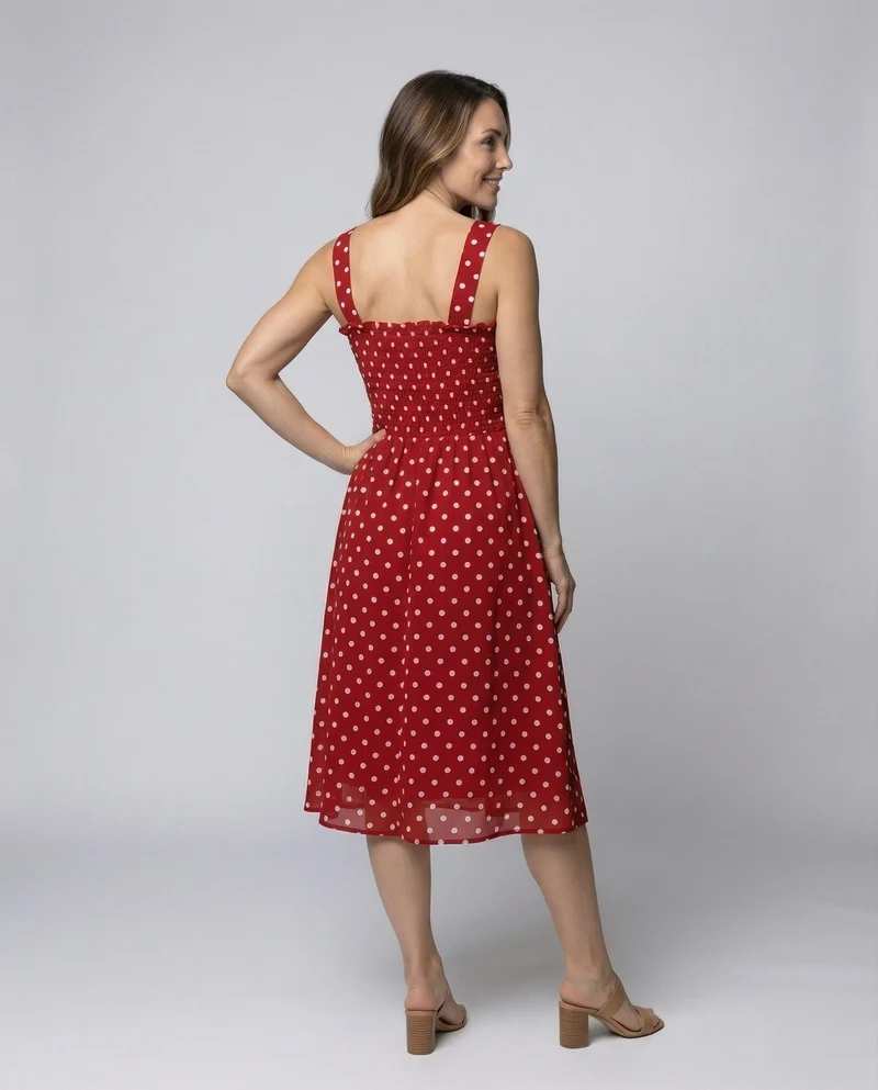 Damen Gepunktetes Gesmoktes A-Linien Midikleid