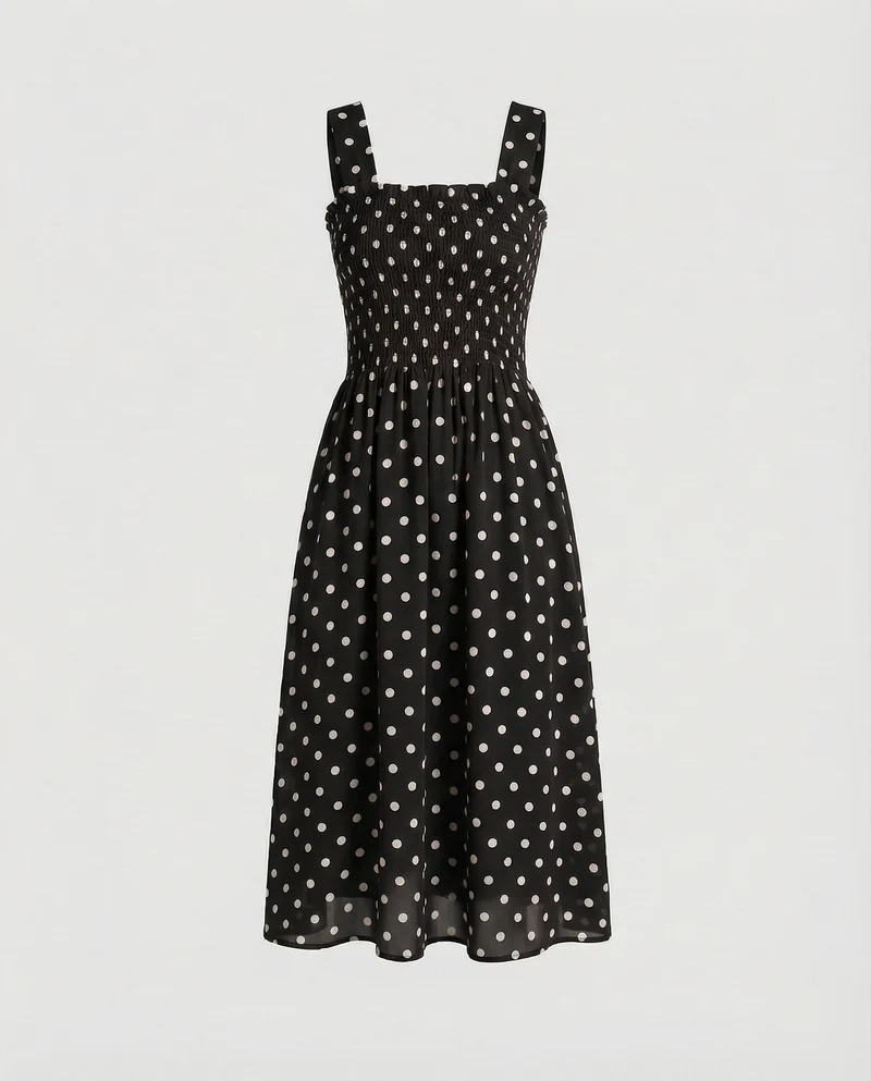Damen Gepunktetes Gesmoktes A-Linien Midikleid