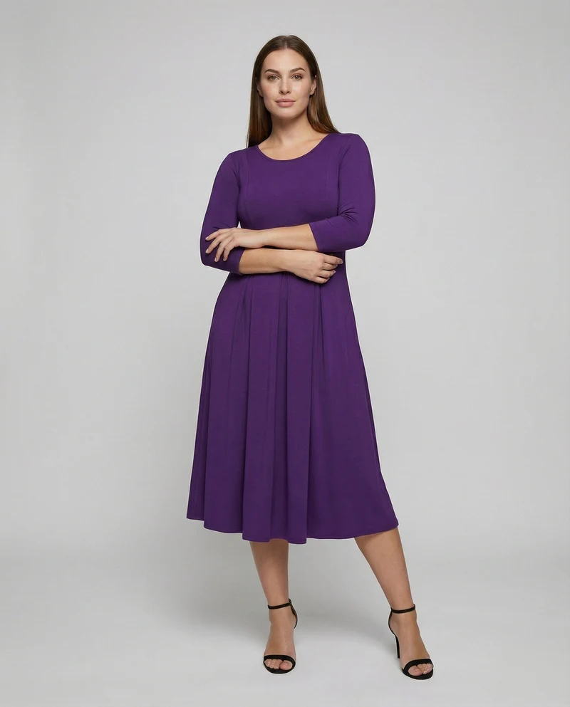 Damen nan knöchellanges A-Linien-Jerseykleid mit Rundhalsausschnitt und Dreiviertelärmeln