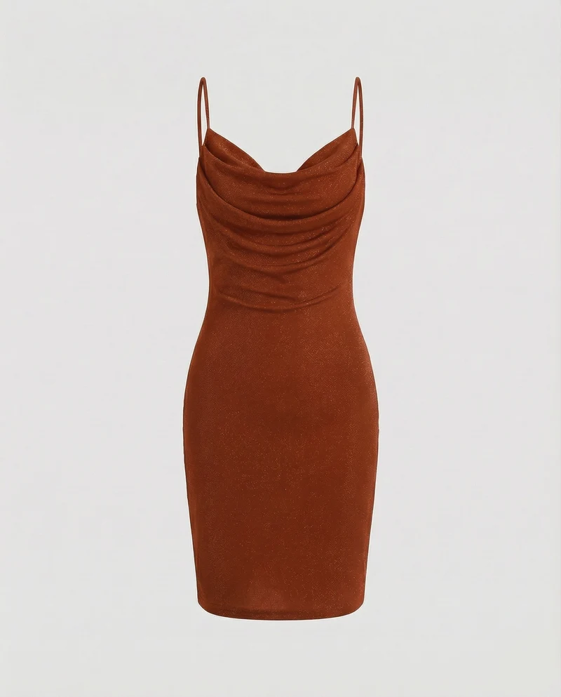 Damen Lurex Midikleid mit Wasserfall-Ausschnitt