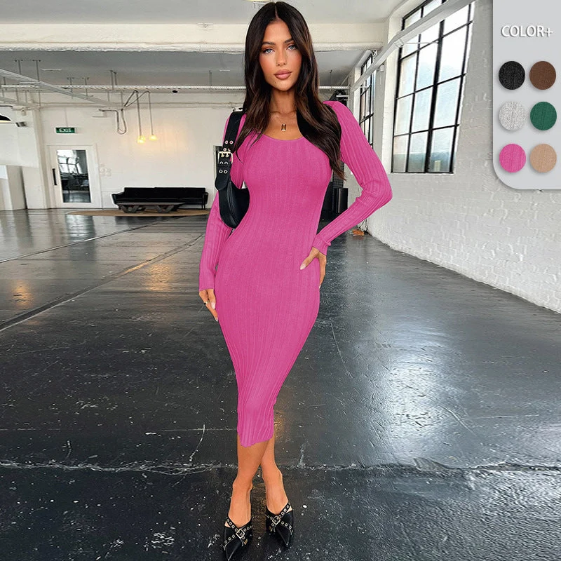 Damen Figurbetontes längeres Strickkleid mit Langarm Nord Taschen