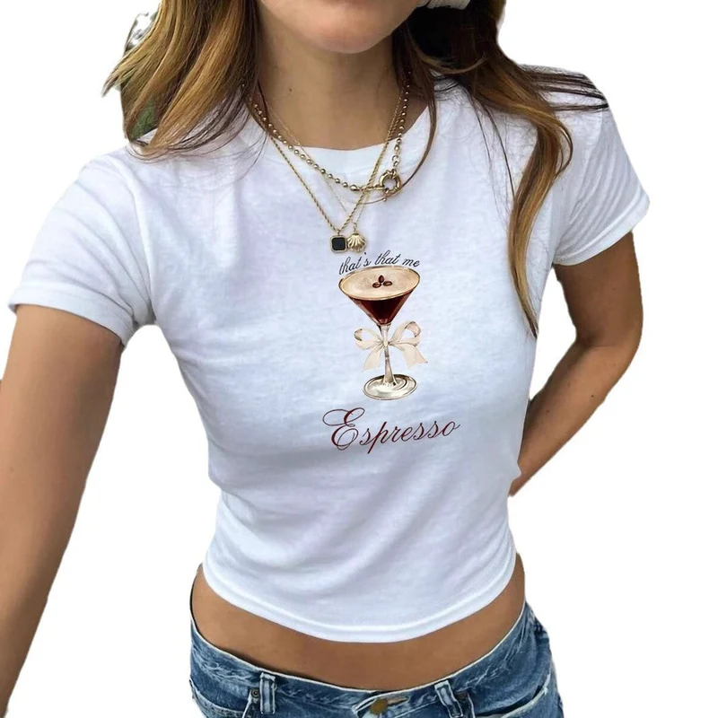 Damen Crop-T-Shirt mit künstlerischem Espresso-Motiv und verspieltem Schriftzug