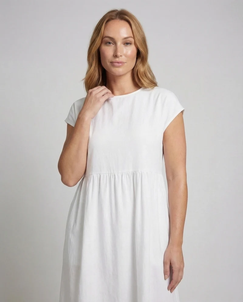 Damen Empire-Midikleid Strukturierte Leinenoptik