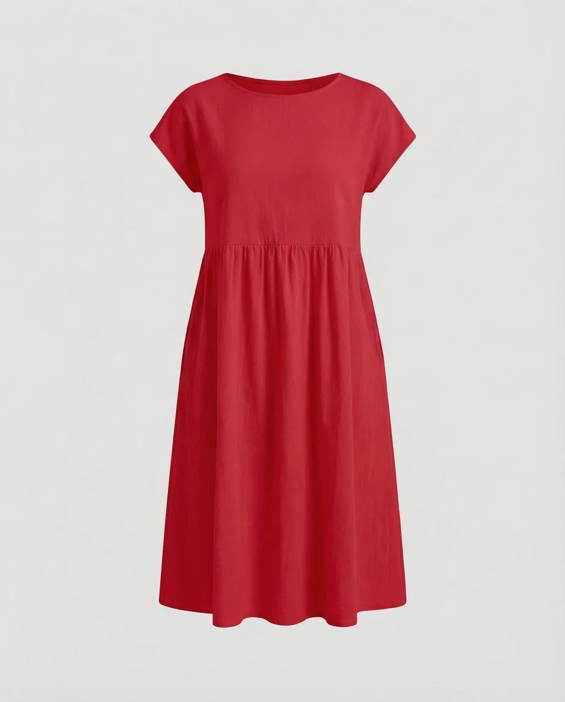 Damen Empire-Midikleid Strukturierte Leinenoptik