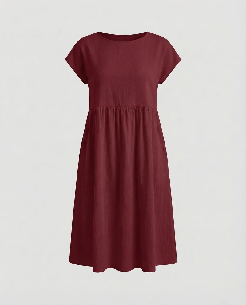 Damen Empire-Midikleid Strukturierte Leinenoptik