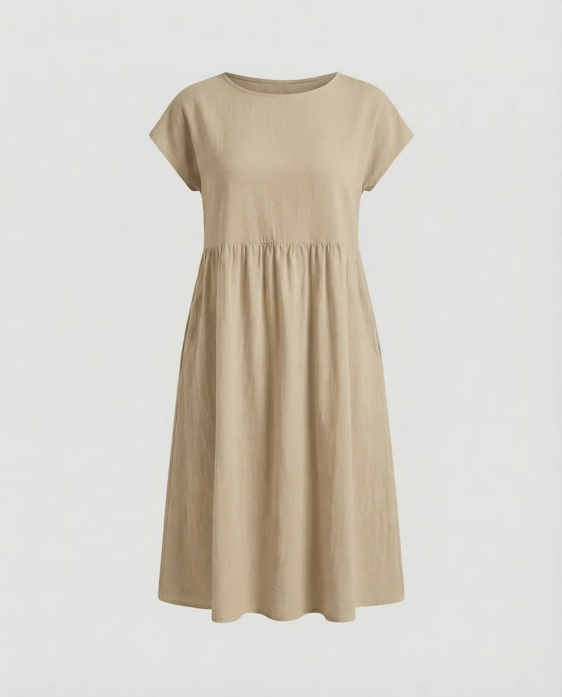 Damen Empire-Midikleid Strukturierte Leinenoptik