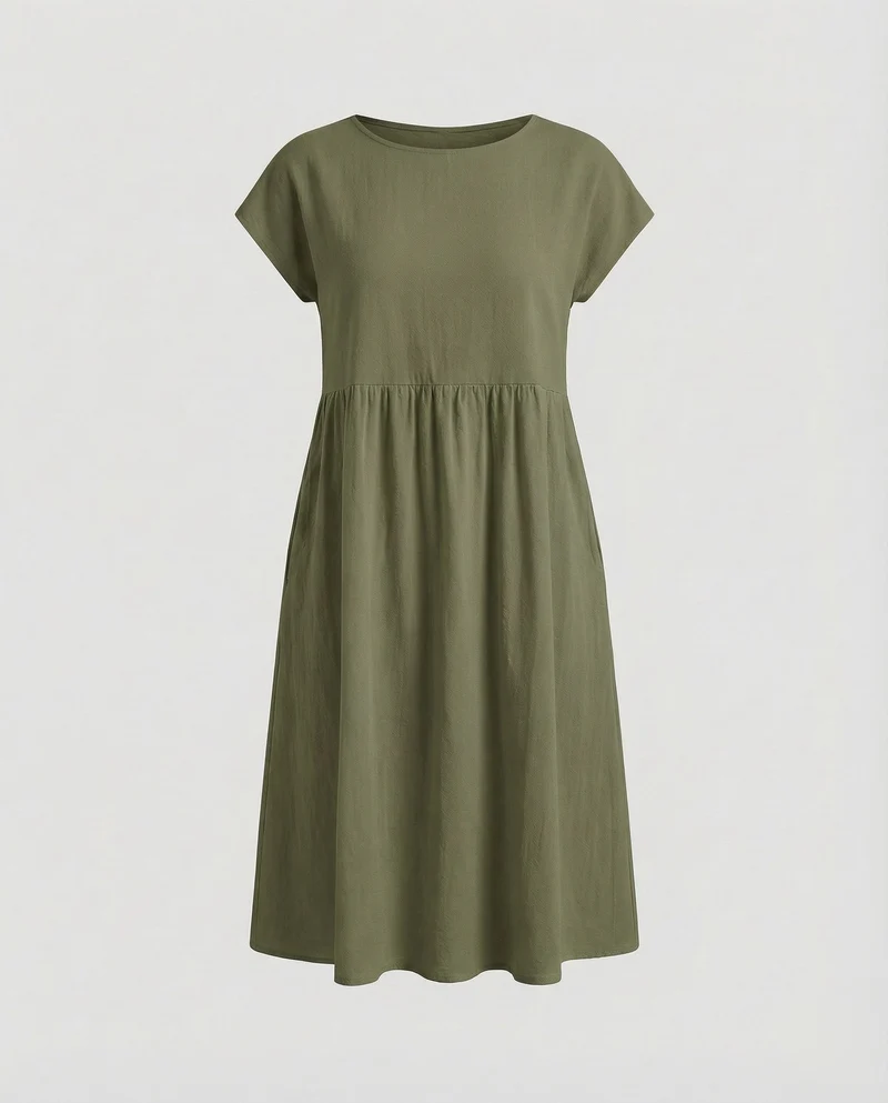 Damen Empire-Midikleid Strukturierte Leinenoptik