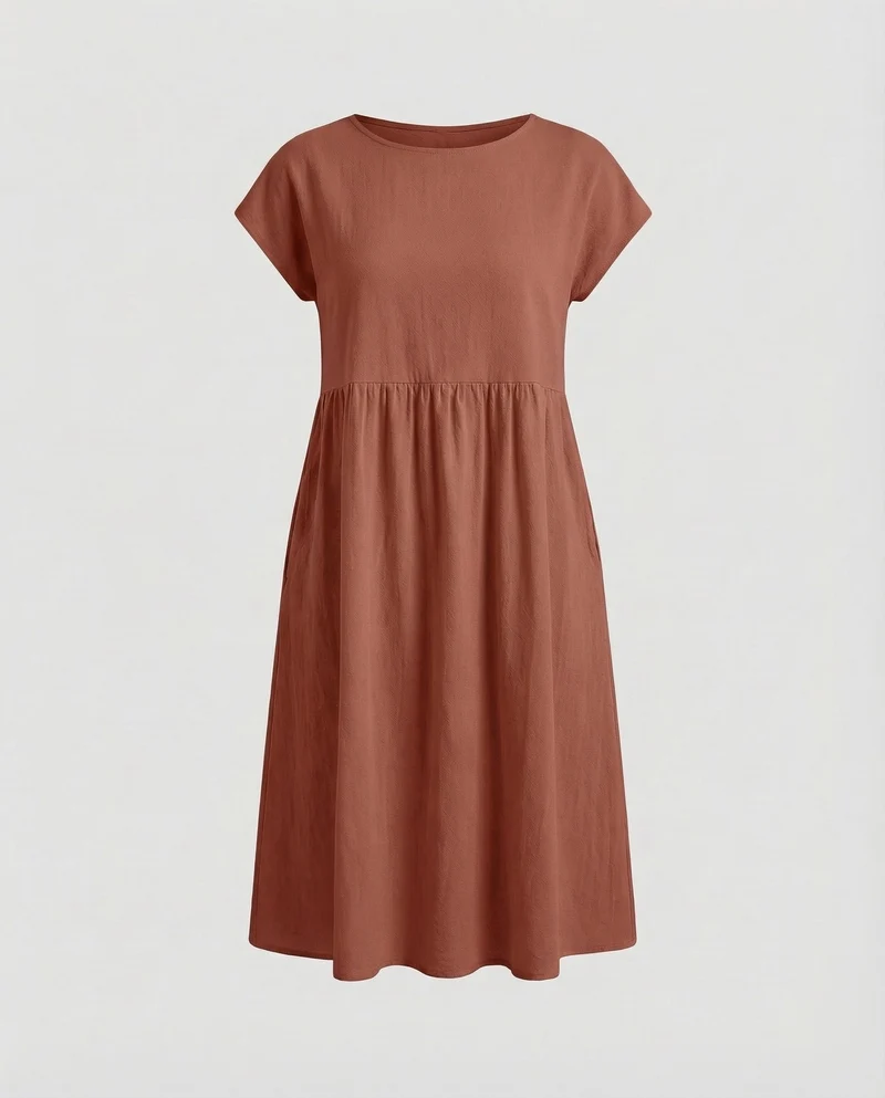Damen Empire-Midikleid Strukturierte Leinenoptik