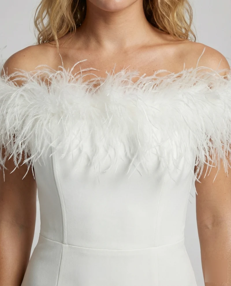 Damen Off-Shoulder Midikleid Federbordüre Seitenschlitz