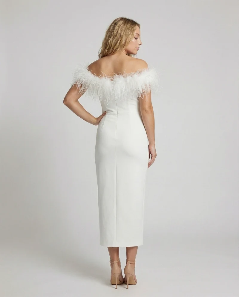 Damen Off-Shoulder Midikleid Federbordüre Seitenschlitz