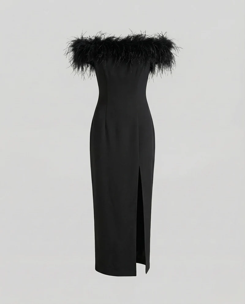 Damen Off-Shoulder Midikleid Federbordüre Seitenschlitz