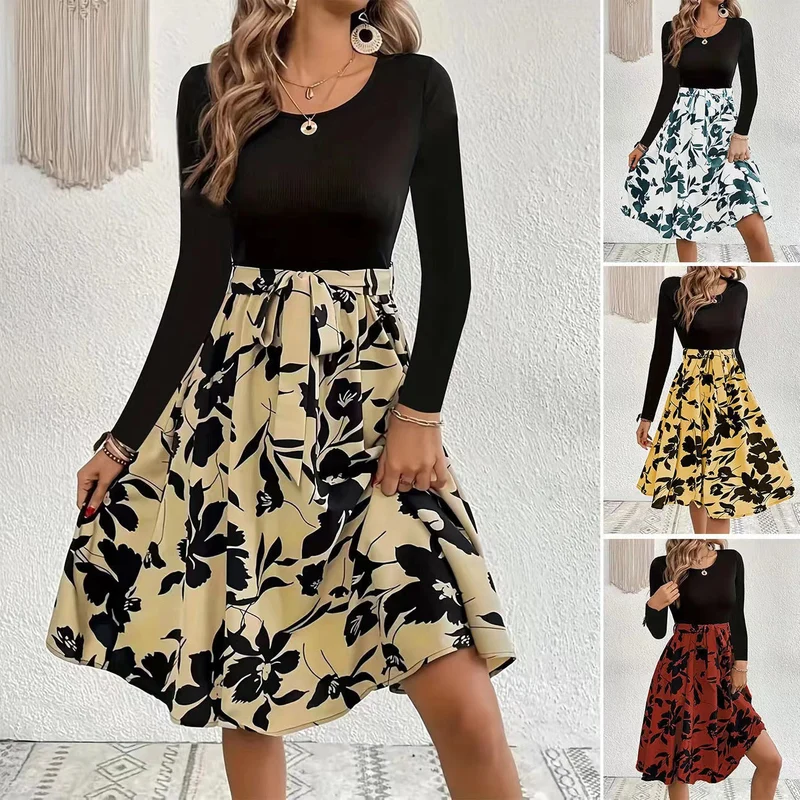 Damen Elegantes Midikleid mit floralem Print und gesmoktem Oberteil