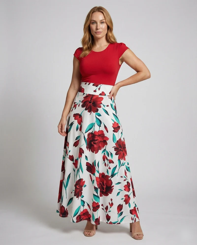 Damen zweiteilig wirkendes Maxikleid mit Blüten-Rock