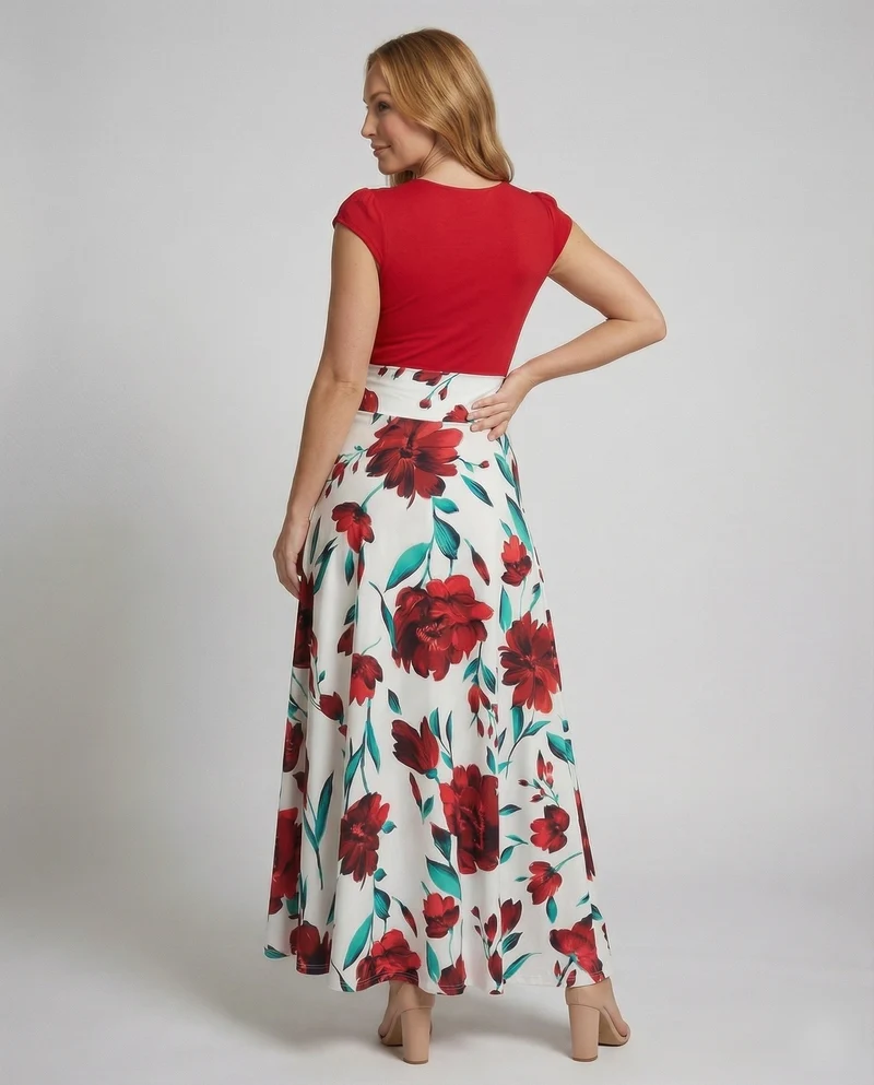 Damen zweiteilig wirkendes Maxikleid mit Blüten-Rock