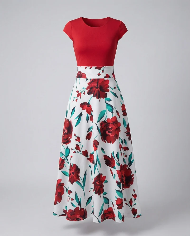 Damen zweiteilig wirkendes Maxikleid mit Blüten-Rock
