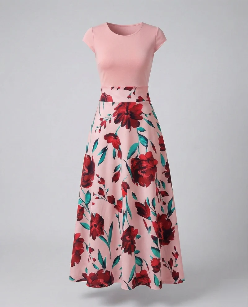 Damen zweiteilig wirkendes Maxikleid mit Blüten-Rock