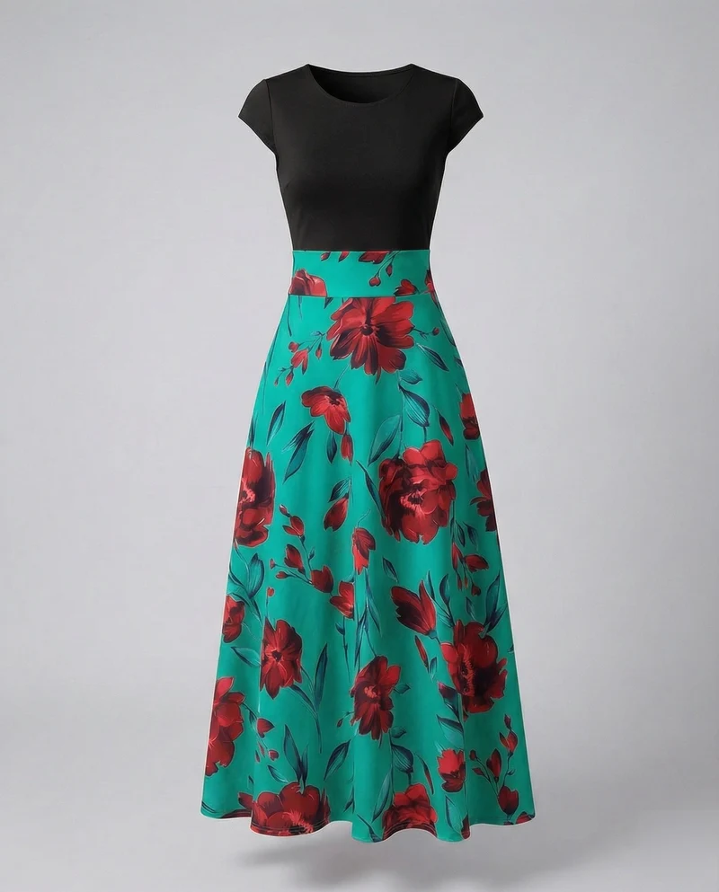 Damen zweiteilig wirkendes Maxikleid mit Blüten-Rock