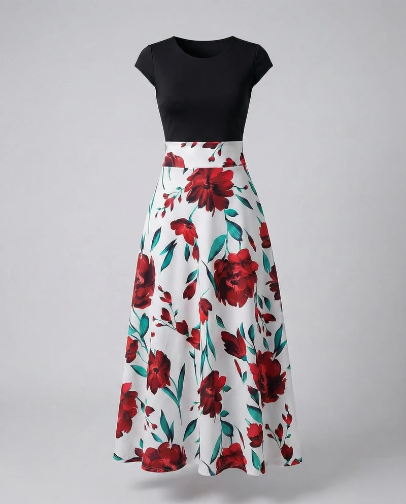 Damen zweiteilig wirkendes Maxikleid mit Blüten-Rock