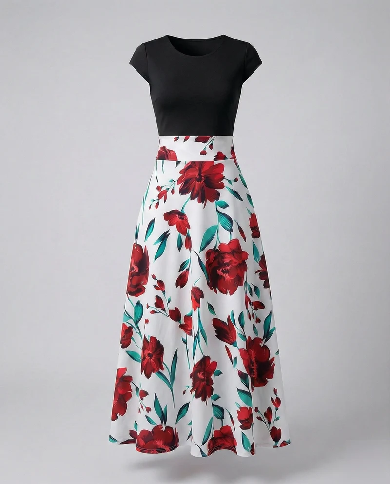 Damen zweiteilig wirkendes Maxikleid mit Blüten-Rock