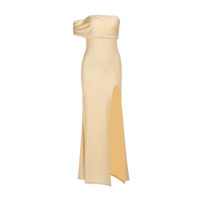 Damen schulterfreies Maxikleid mit eleganter Drapierung und hohem Schlitz Nord Taschen